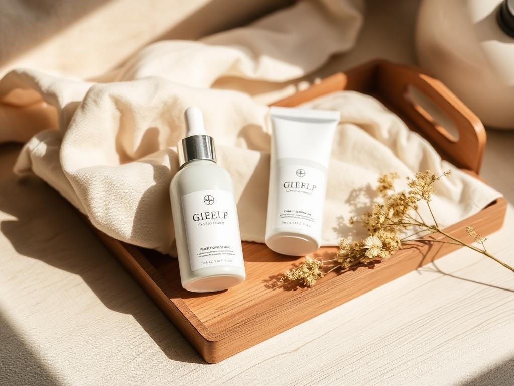 Skincare scene on wooden tray